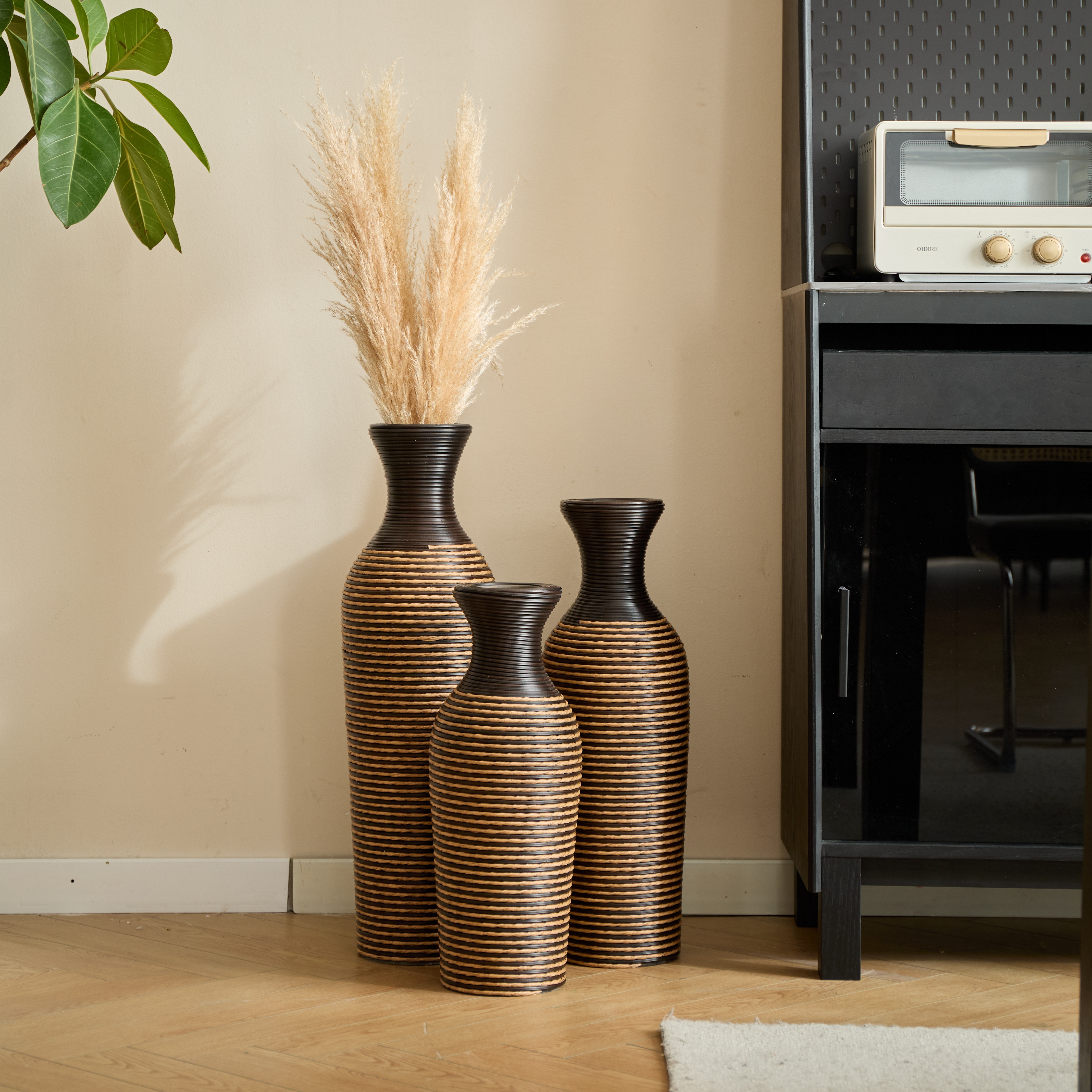 Hand-Woven PVC Rattan Vases, Set of 3 Brown Floor Vases for Home Decor