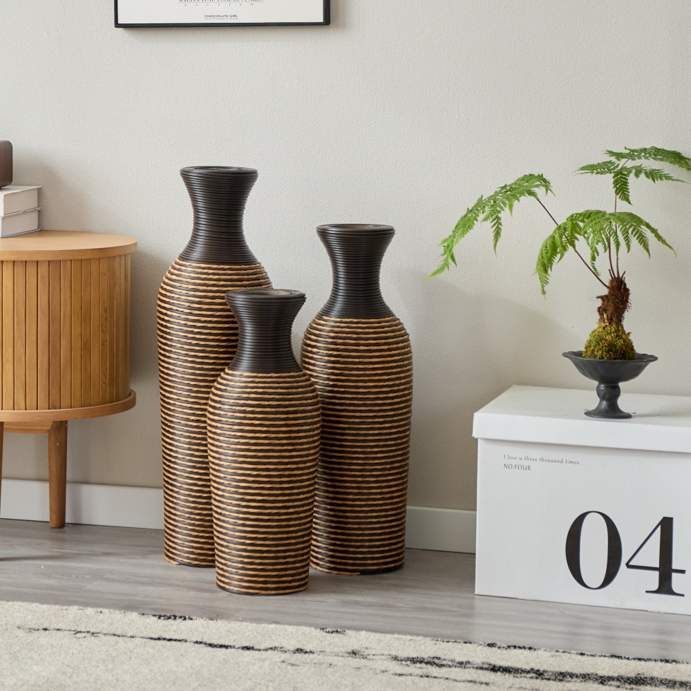Hand-Woven PVC Rattan Vases, Set of 3 Brown Floor Vases for Home Decor