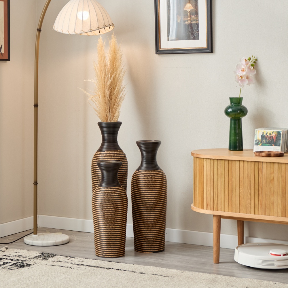 Hand-Woven PVC Rattan Vases, Set of 3 Brown Floor Vases for Home Decor