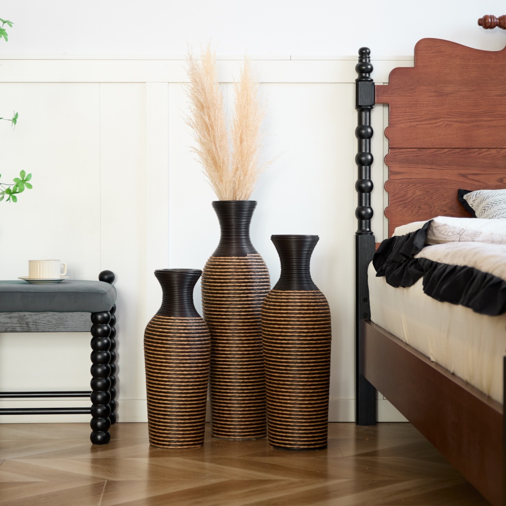 Hand-Woven PVC Rattan Vases, Set of 3 Brown Floor Vases for Home Decor