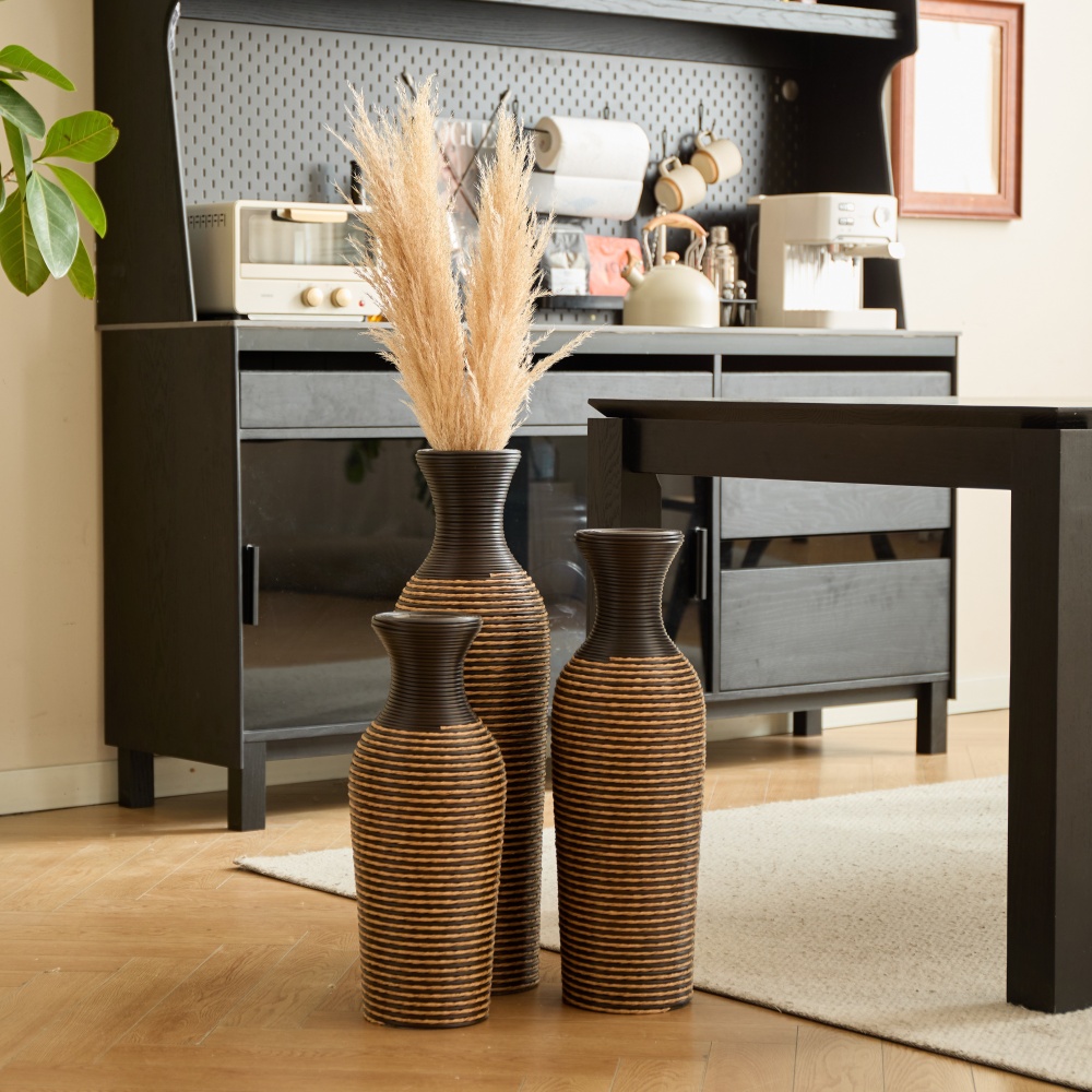 Hand-Woven PVC Rattan Vases, Set of 3 Brown Floor Vases for Home Decor