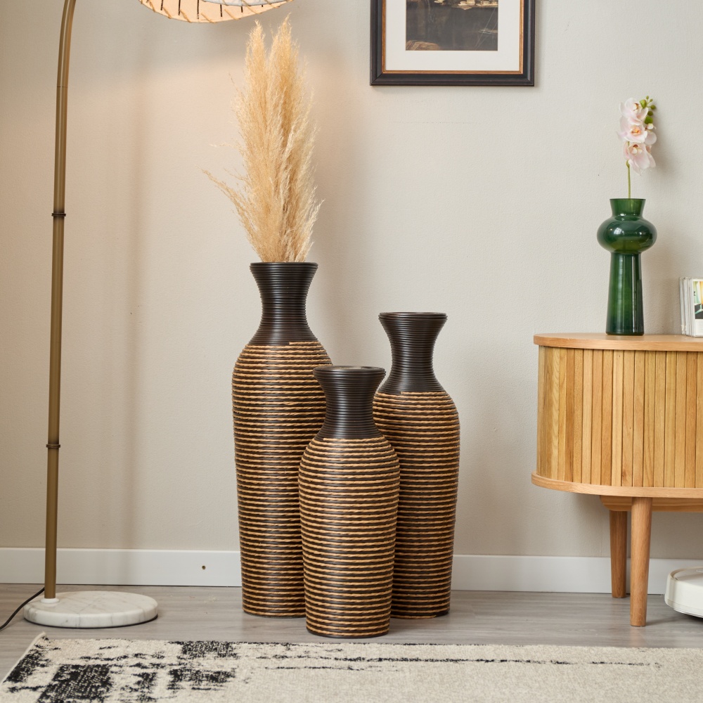 Hand-Woven PVC Rattan Vases, Set of 3 Brown Floor Vases for Home Decor