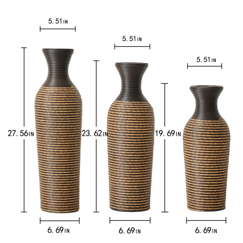 Hand-Woven PVC Rattan Vases, Set of 3 Brown Floor Vases for Home Decor