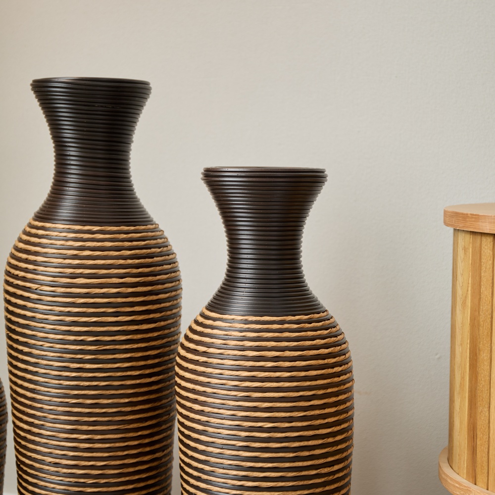 Hand-Woven PVC Rattan Vases, Set of 3 Brown Floor Vases for Home Decor