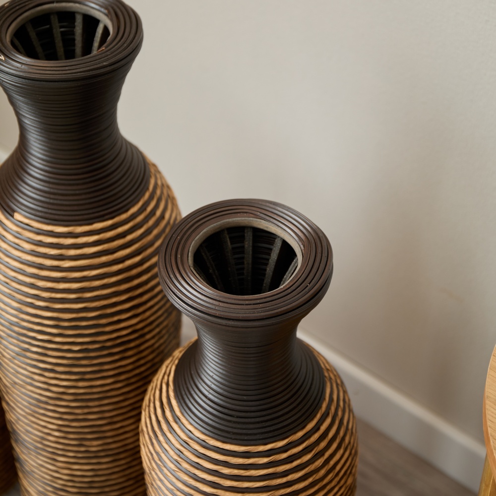Hand-Woven PVC Rattan Vases, Set of 3 Brown Floor Vases for Home Decor