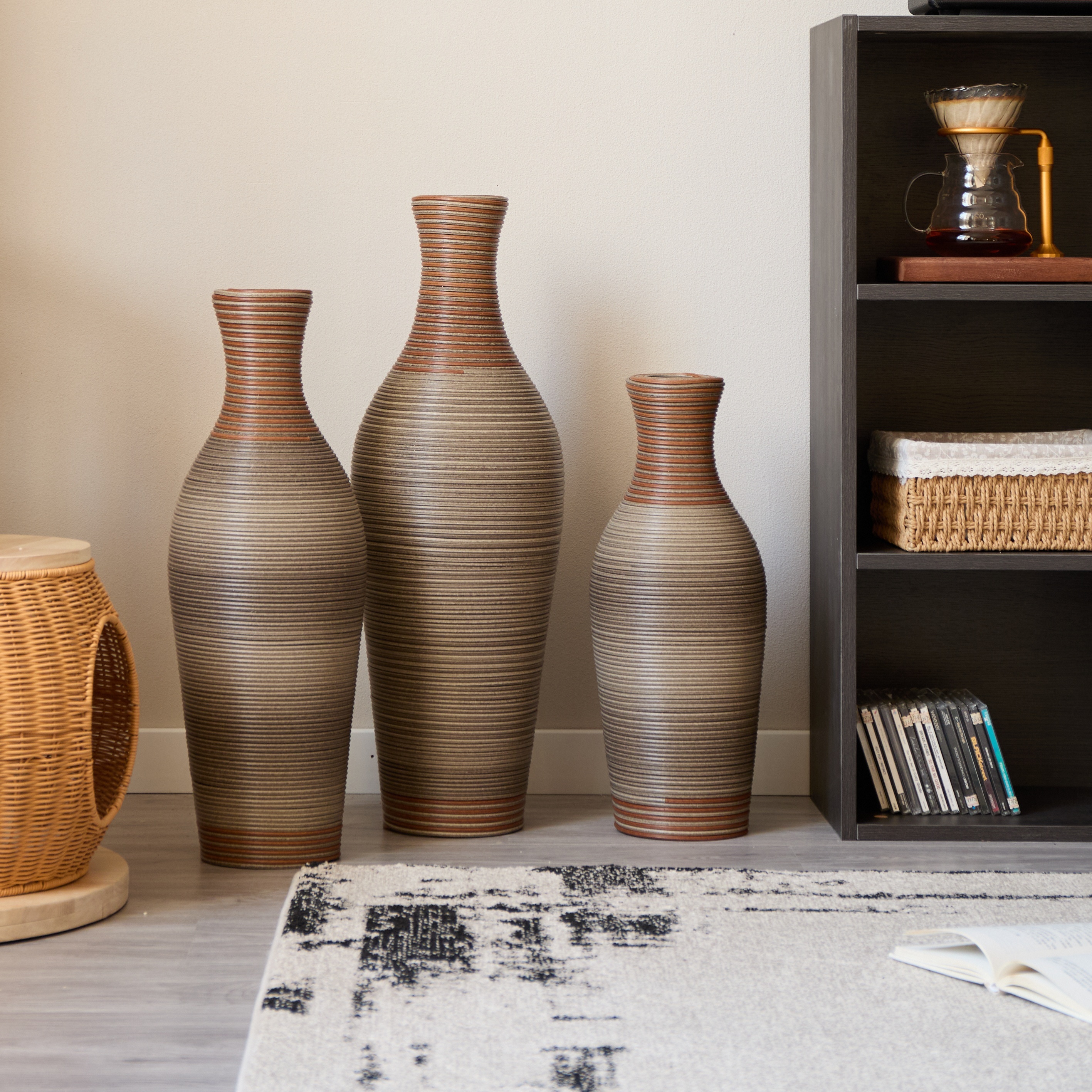 Hand-Woven PVC Rattan Vases, Set of 3 Decorative Floor Vases, Pure Handmade Imitation Rattan Vases for Farmhouse Home Decor