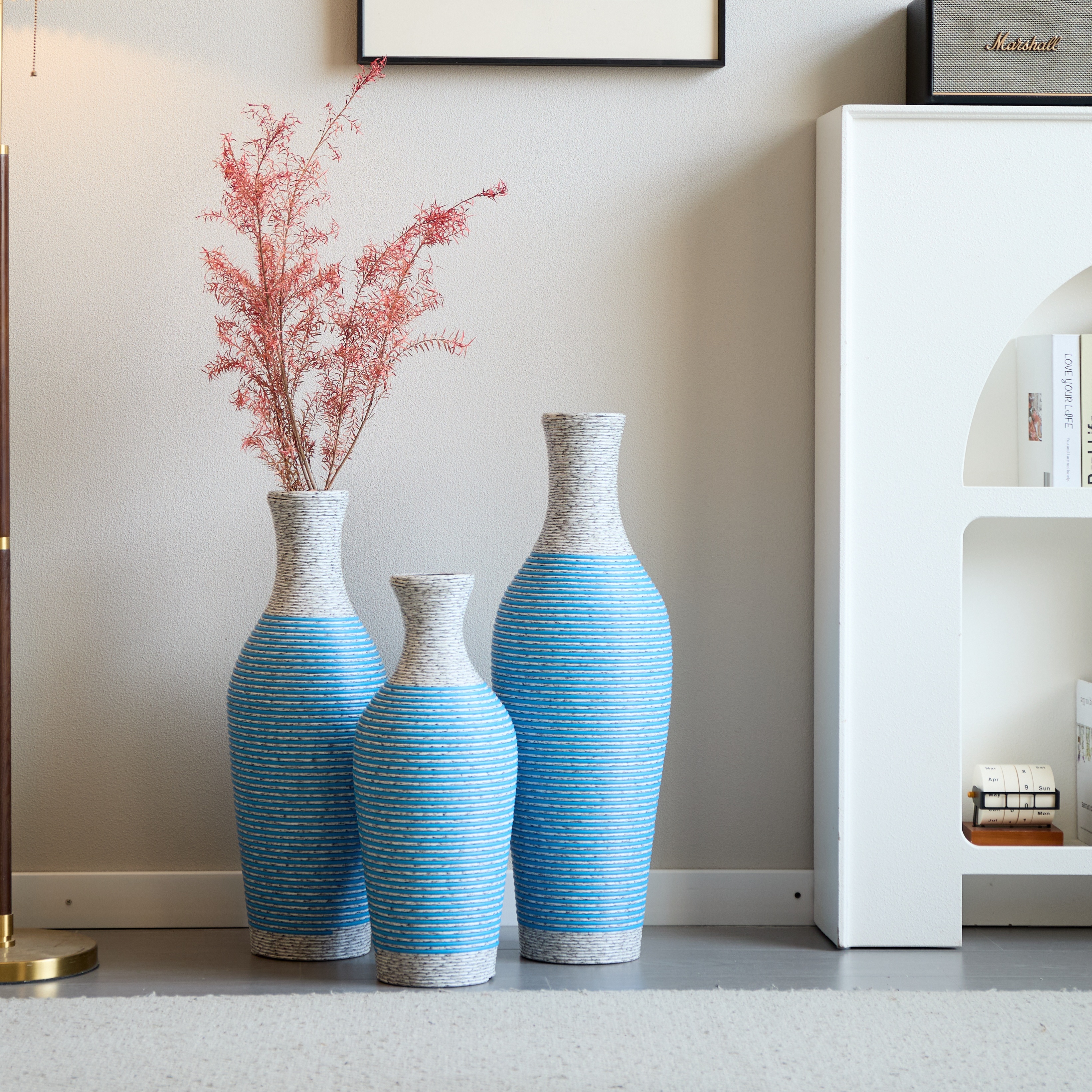 Hand-Woven PVC Rattan Vases, Set of 3 Decorative Floor Vases, Pure Handmade Imitation Rattan Vases for Farmhouse Home Decor