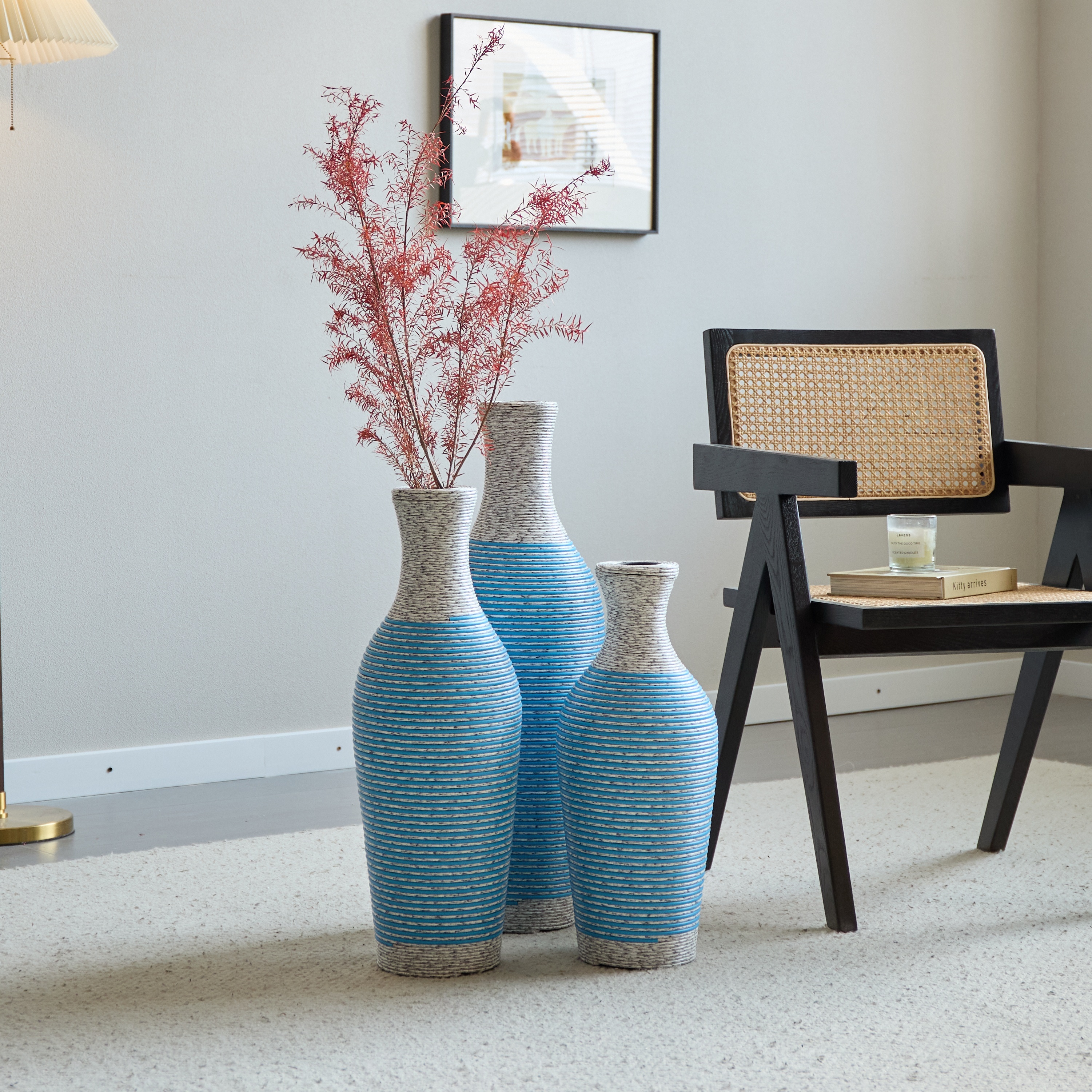 Hand-Woven PVC Rattan Vases, Set of 3 Decorative Floor Vases, Pure Handmade Imitation Rattan Vases for Farmhouse Home Decor