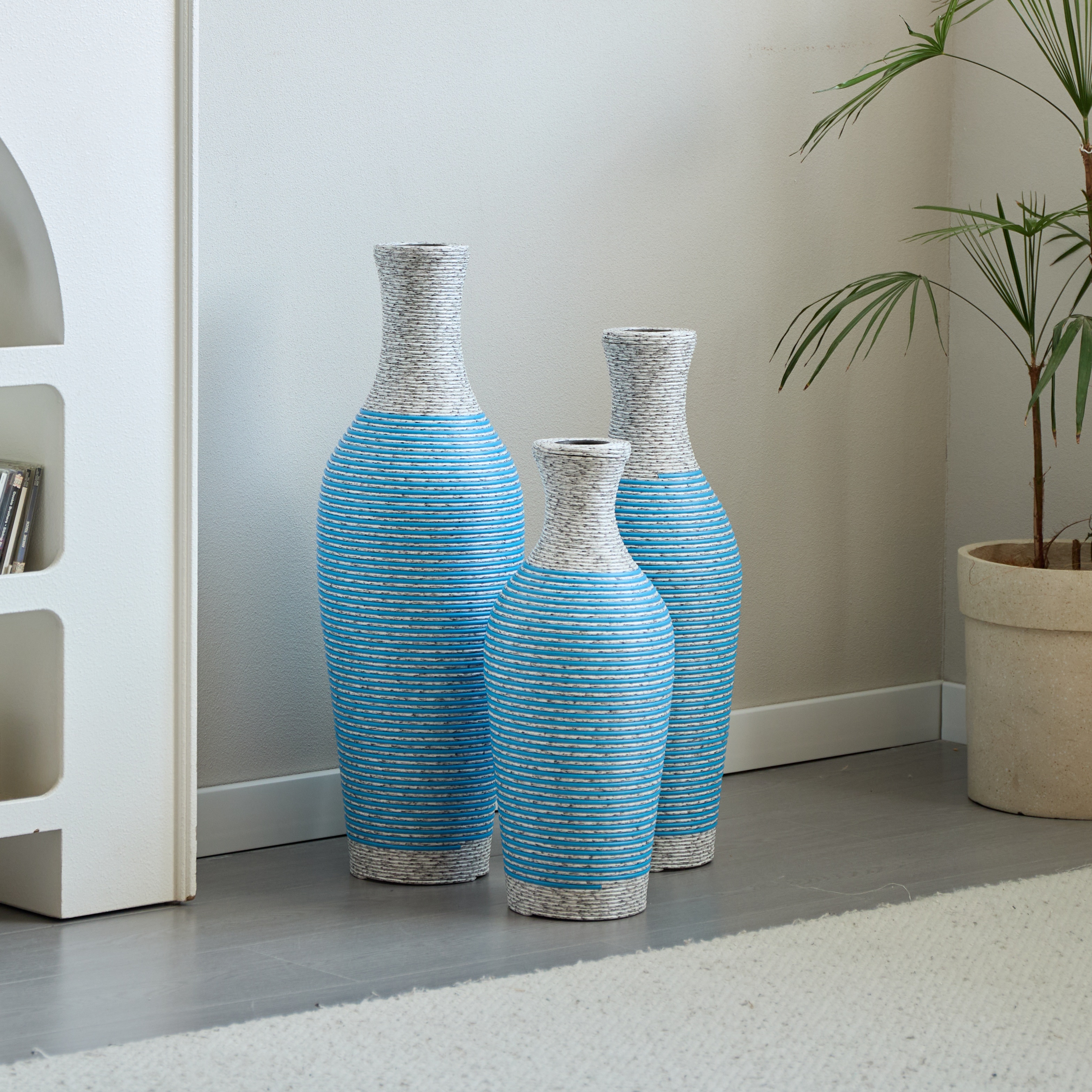 Hand-Woven PVC Rattan Vases, Set of 3 Decorative Floor Vases, Pure Handmade Imitation Rattan Vases for Farmhouse Home Decor