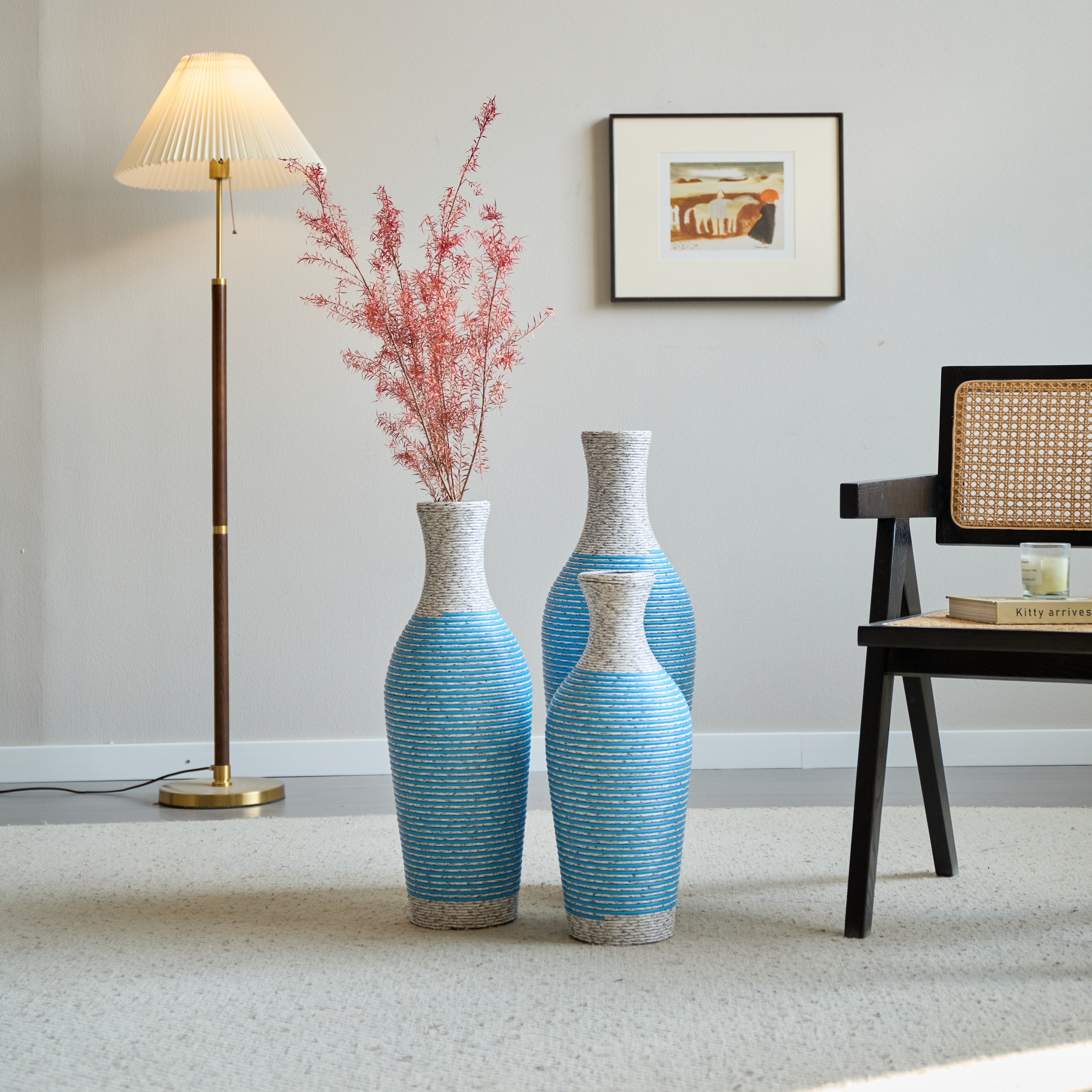 Hand-Woven PVC Rattan Vases, Set of 3 Decorative Floor Vases, Pure Handmade Imitation Rattan Vases for Farmhouse Home Decor