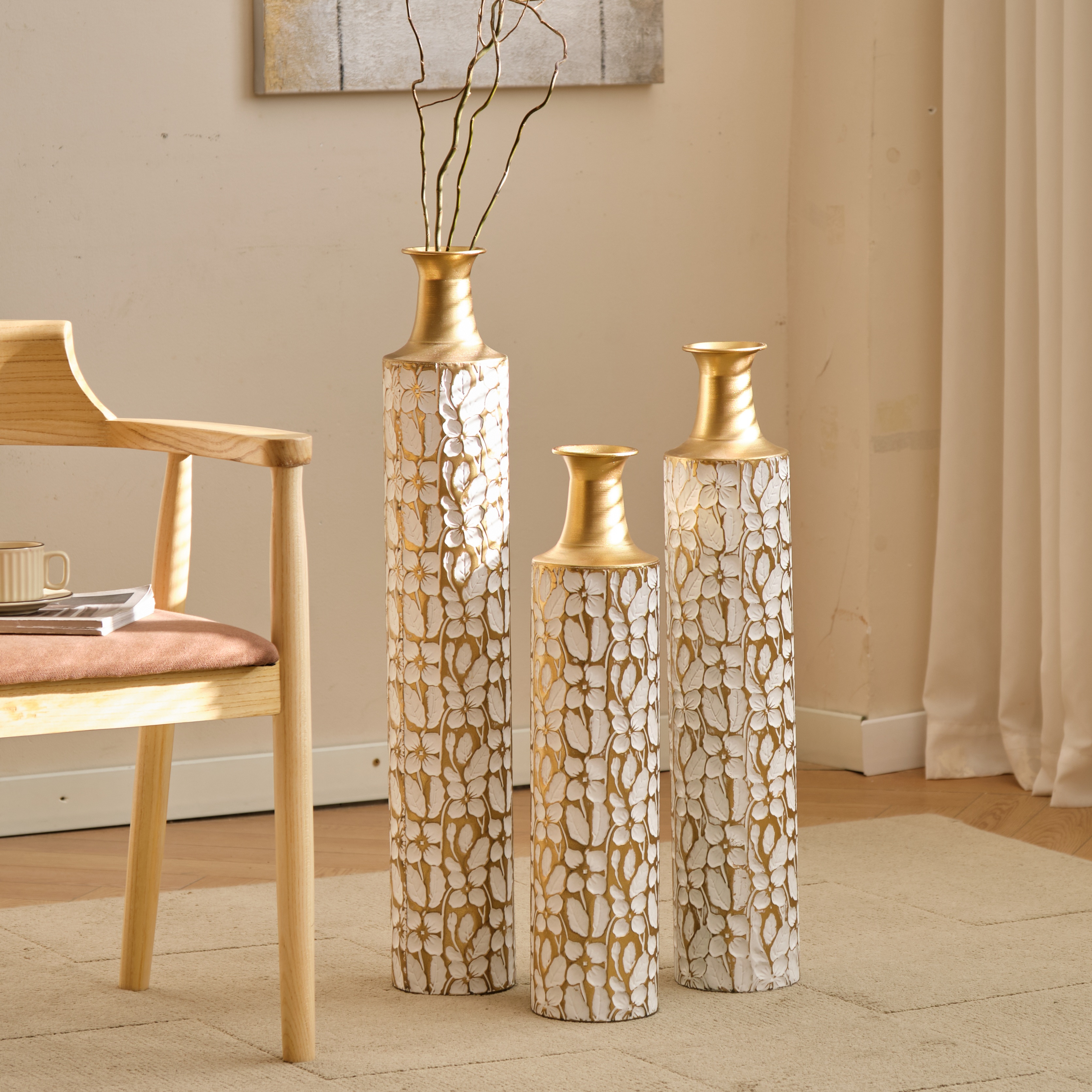 Decorative Metal Vases Set of 3, 24/28/32.3 Inch Gold Leaf Pattern Floor Vases, White & Gold Tall Vases for Home Decor, Living Room Entryway Decor