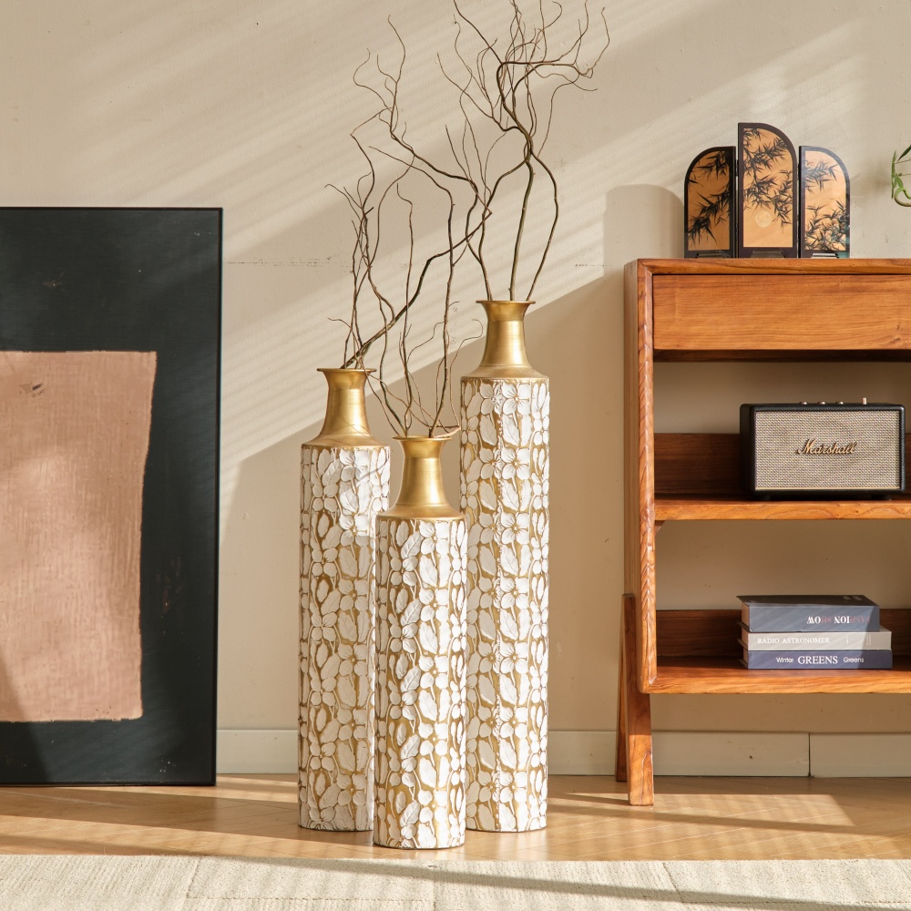 Decorative Metal Vases Set of 3, 24/28/32.3 Inch Gold Leaf Pattern Floor Vases, White & Gold Tall Vases for Home Decor, Living Room Entryway Decor