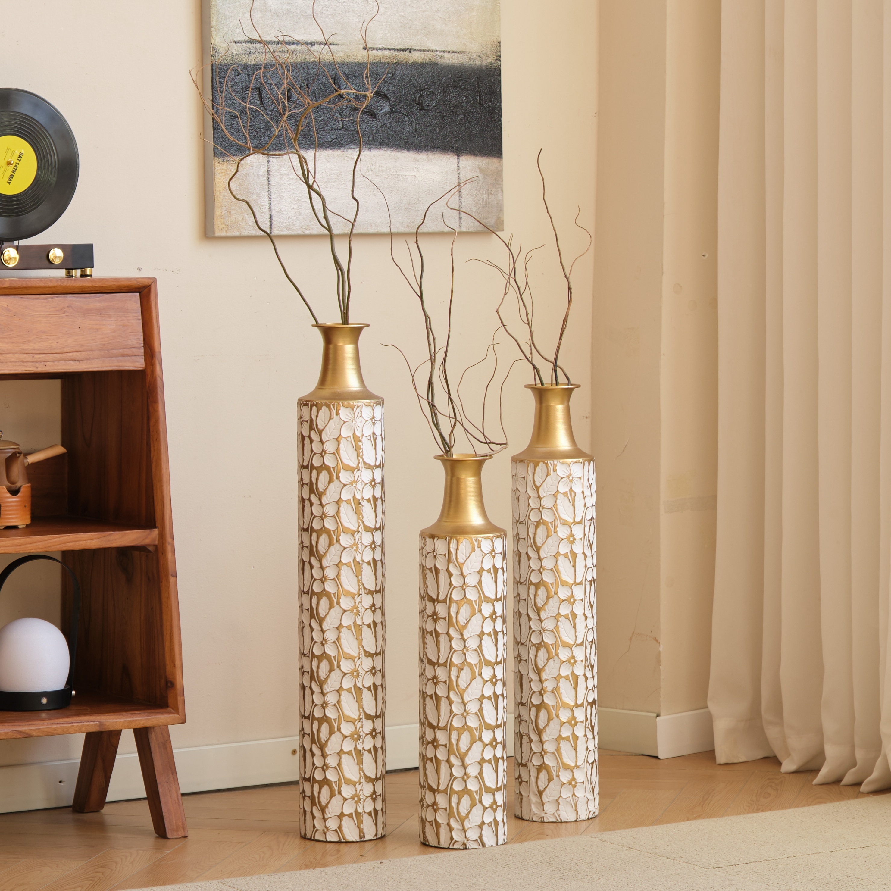 Decorative Metal Vases Set of 3, 24/28/32.3 Inch Gold Leaf Pattern Floor Vases, White & Gold Tall Vases for Home Decor, Living Room Entryway Decor