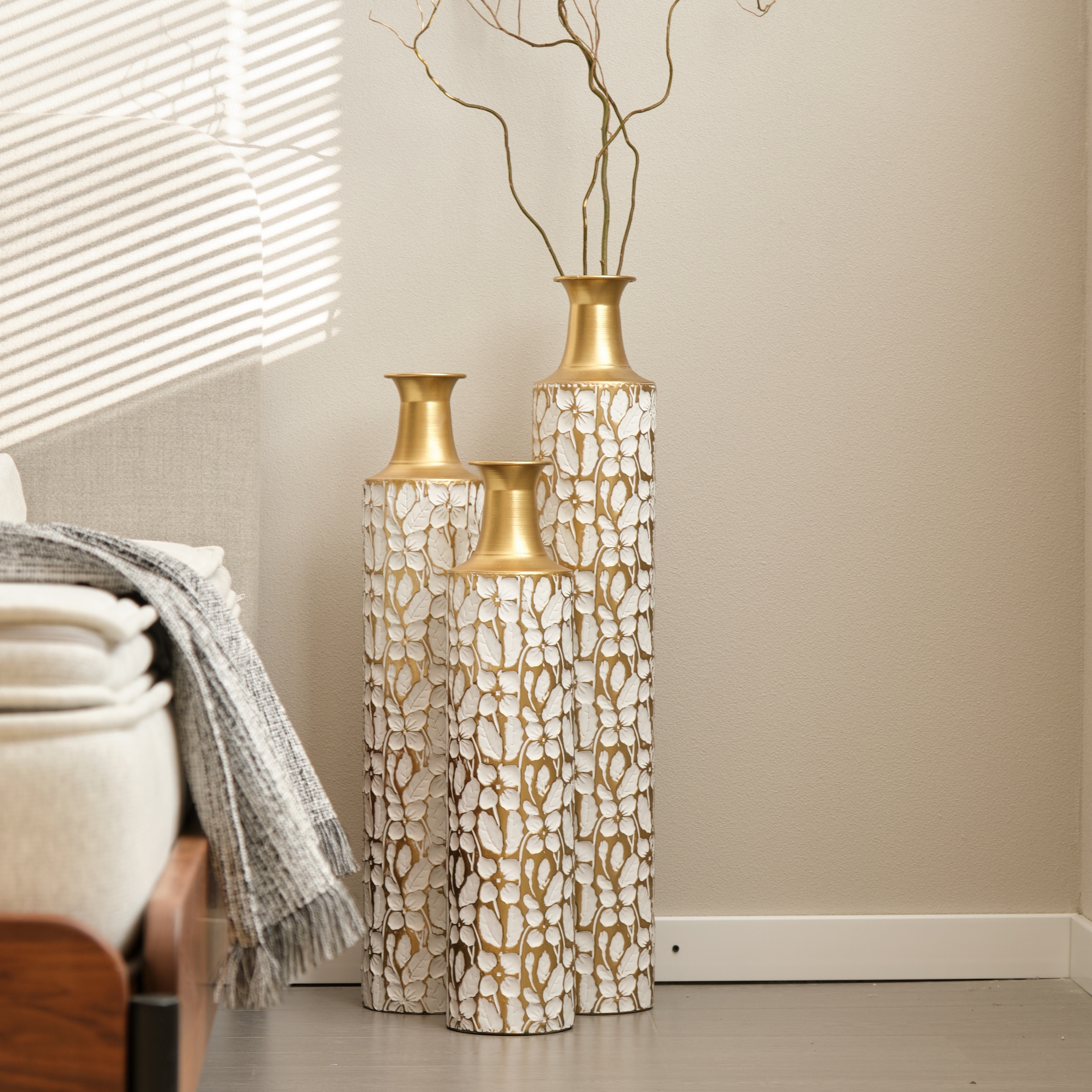 Decorative Metal Vases Set of 3, 24/28/32.3 Inch Gold Leaf Pattern Floor Vases, White & Gold Tall Vases for Home Decor, Living Room Entryway Decor