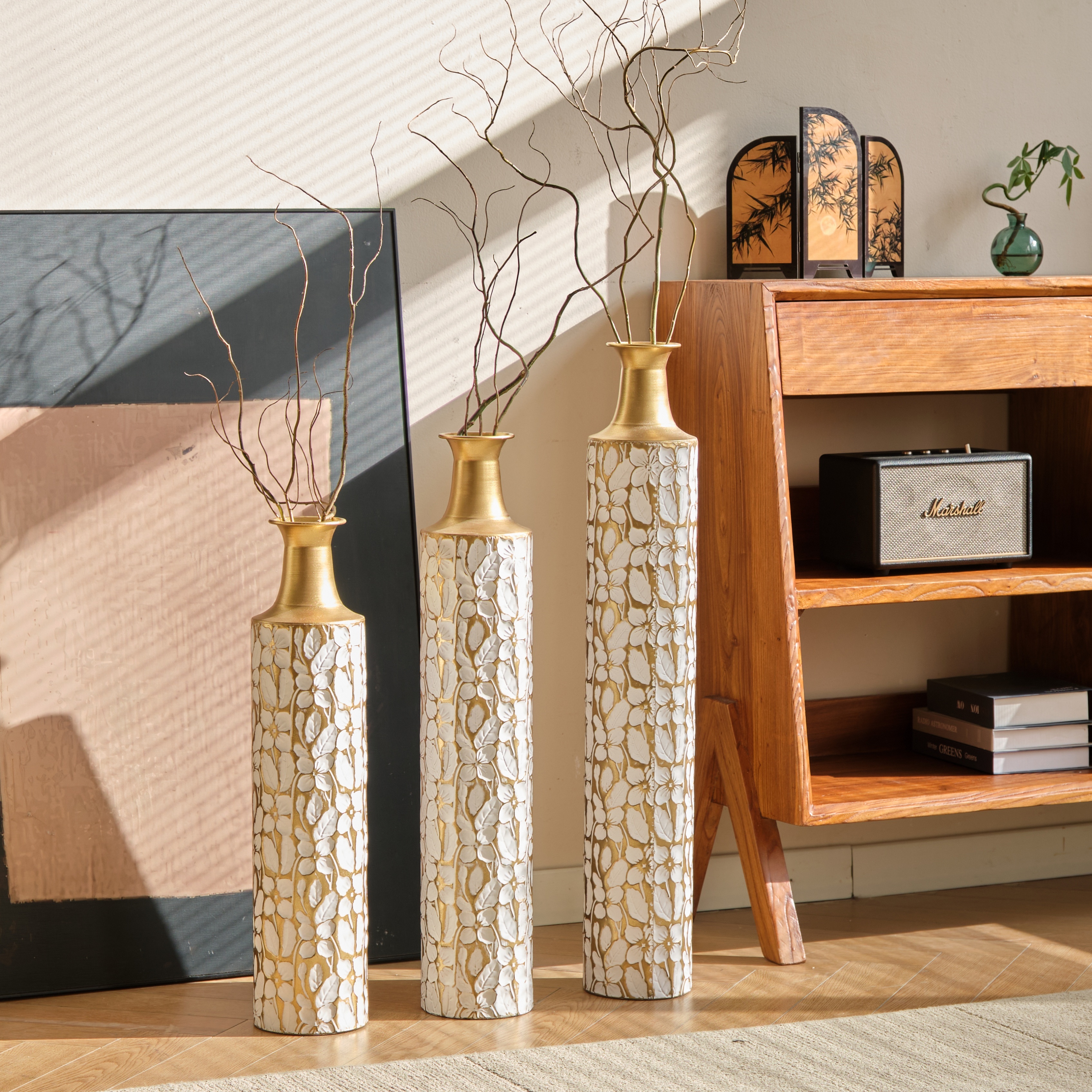 Decorative Metal Vases Set of 3, 24/28/32.3 Inch Gold Leaf Pattern Floor Vases, White & Gold Tall Vases for Home Decor, Living Room Entryway Decor