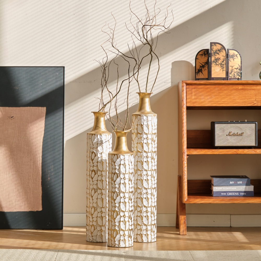 Decorative Metal Vases Set of 3, 24/28/32.3 Inch Gold Leaf Pattern Floor Vases, White & Gold Tall Vases for Home Decor, Living Room Entryway Decor