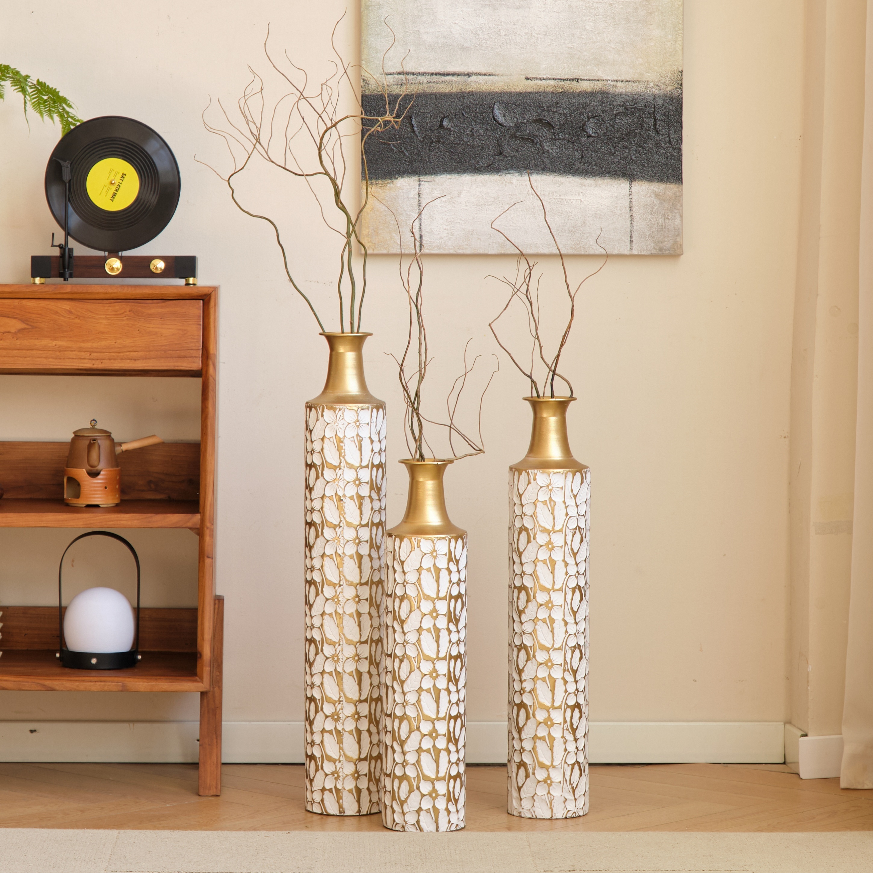 Decorative Metal Vases Set of 3, 24/28/32.3 Inch Gold Leaf Pattern Floor Vases, White & Gold Tall Vases for Home Decor, Living Room Entryway Decor