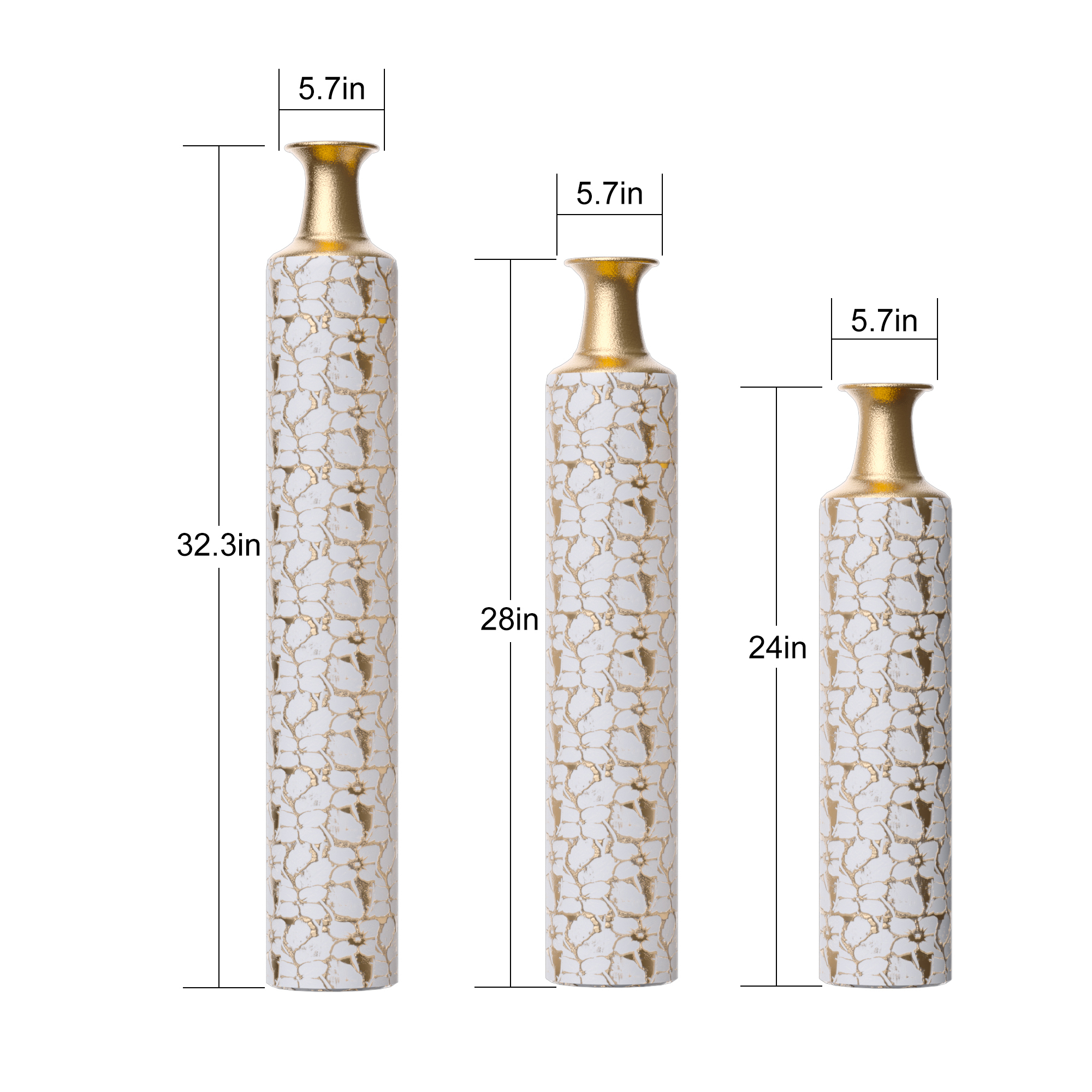 Decorative Metal Vases Set of 3, 24/28/32.3 Inch Gold Leaf Pattern Floor Vases, White & Gold Tall Vases for Home Decor, Living Room Entryway Decor