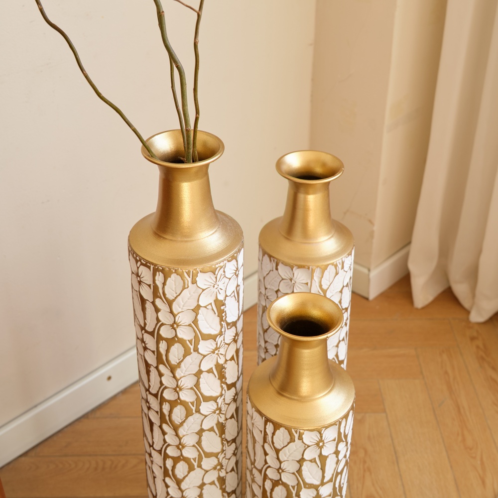 Decorative Metal Vases Set of 3, 24/28/32.3 Inch Gold Leaf Pattern Floor Vases, White & Gold Tall Vases for Home Decor, Living Room Entryway Decor