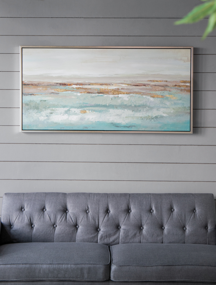 59.1x29.5x1.5" Framed Landscape Rectangle Blue and Gold Abstract Ocean Oil Painting