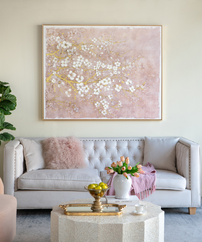 59.1x47.2" Hand-Painted Cherry Blossom Canvas Art with Blush Pink and White Finish
