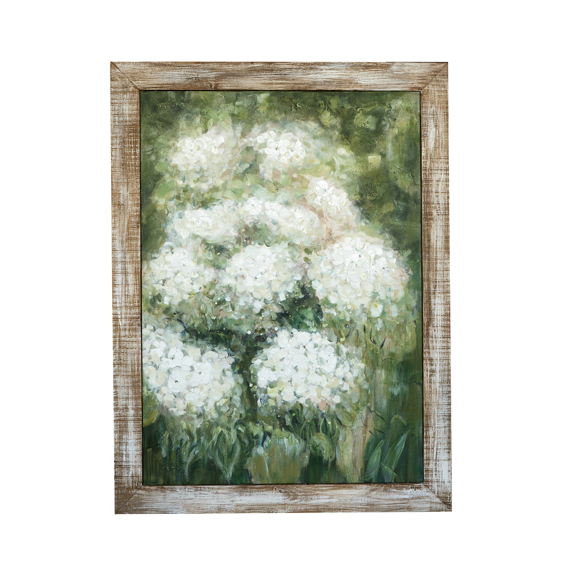 35.4x47.2" Hand-Painted White Allium Art with Green Backdrop and Rustic Fir Wood Frame