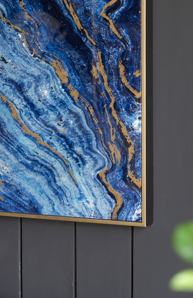 Set of 2 Blue and Gold Framed Art Panels, Unique Marbled Design, 30.5" x 40"