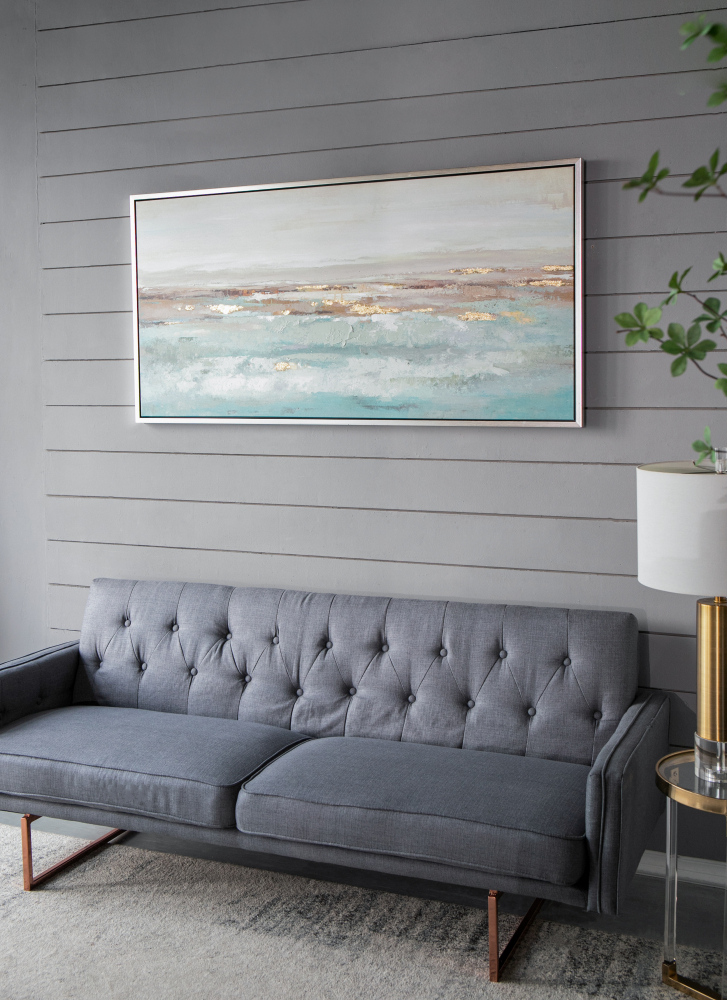 59.1x29.5x1.5" Framed Landscape Rectangle Blue and Gold Abstract Ocean Oil Painting