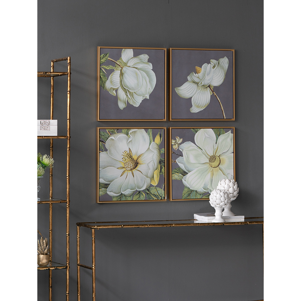 Set of 4 White and Gold Botanical Wall Art Prints, Home Decor for Living Room Dining Room Bedroom Hallway, 20” x 20”