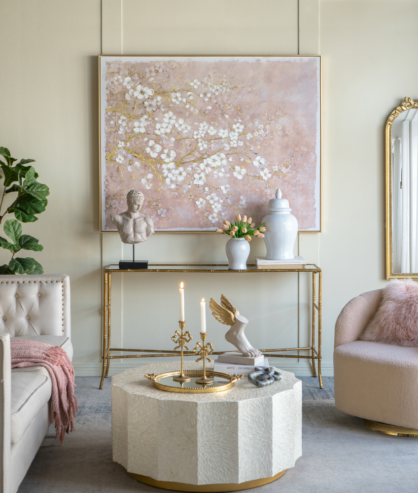 59.1x47.2" Hand-Painted Cherry Blossom Canvas Art with Blush Pink and White Finish