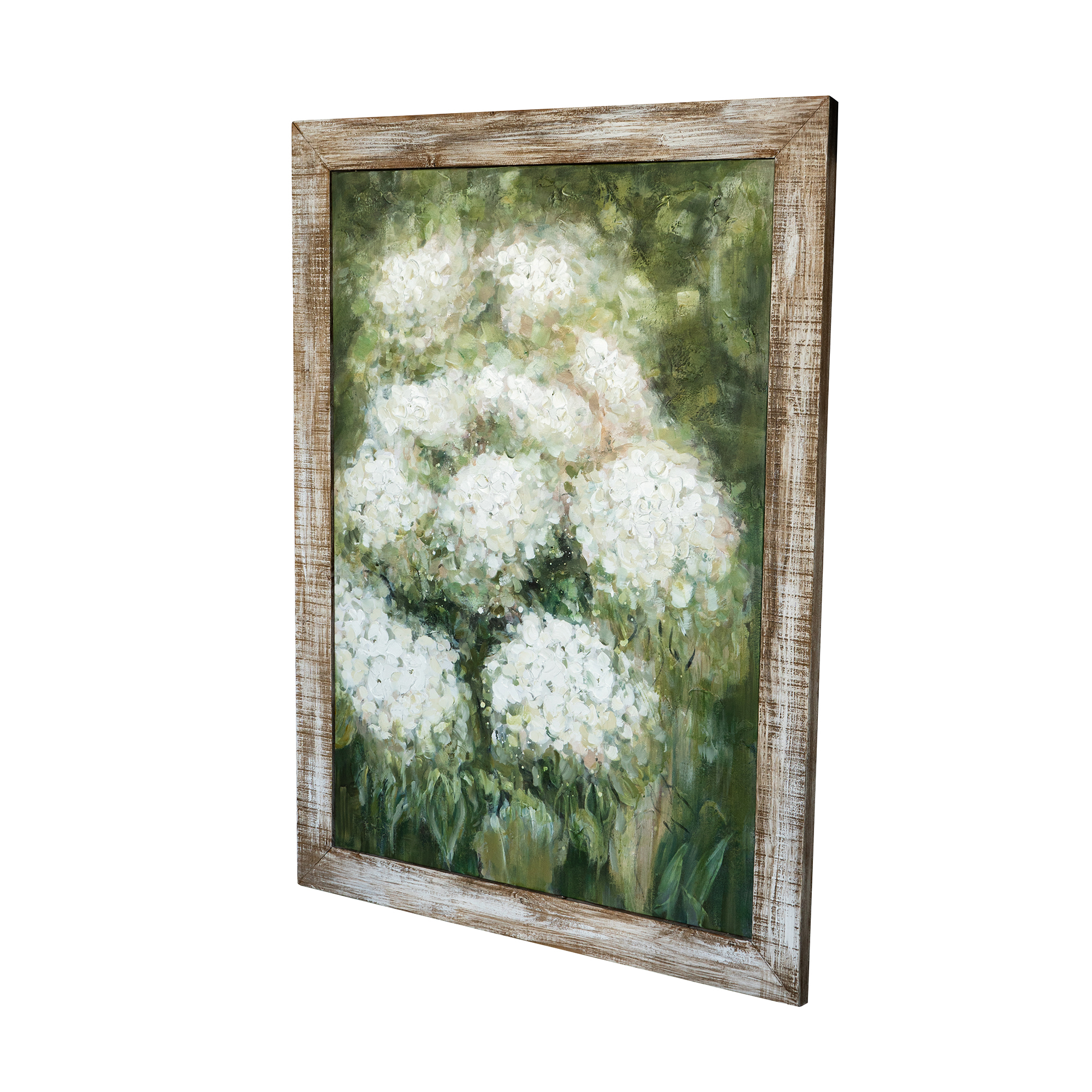 35.4x47.2" Hand-Painted White Allium Art with Green Backdrop and Rustic Fir Wood Frame