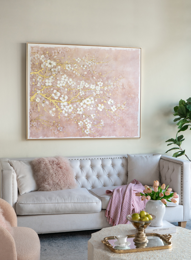 59.1x47.2" Hand-Painted Cherry Blossom Canvas Art with Blush Pink and White Finish