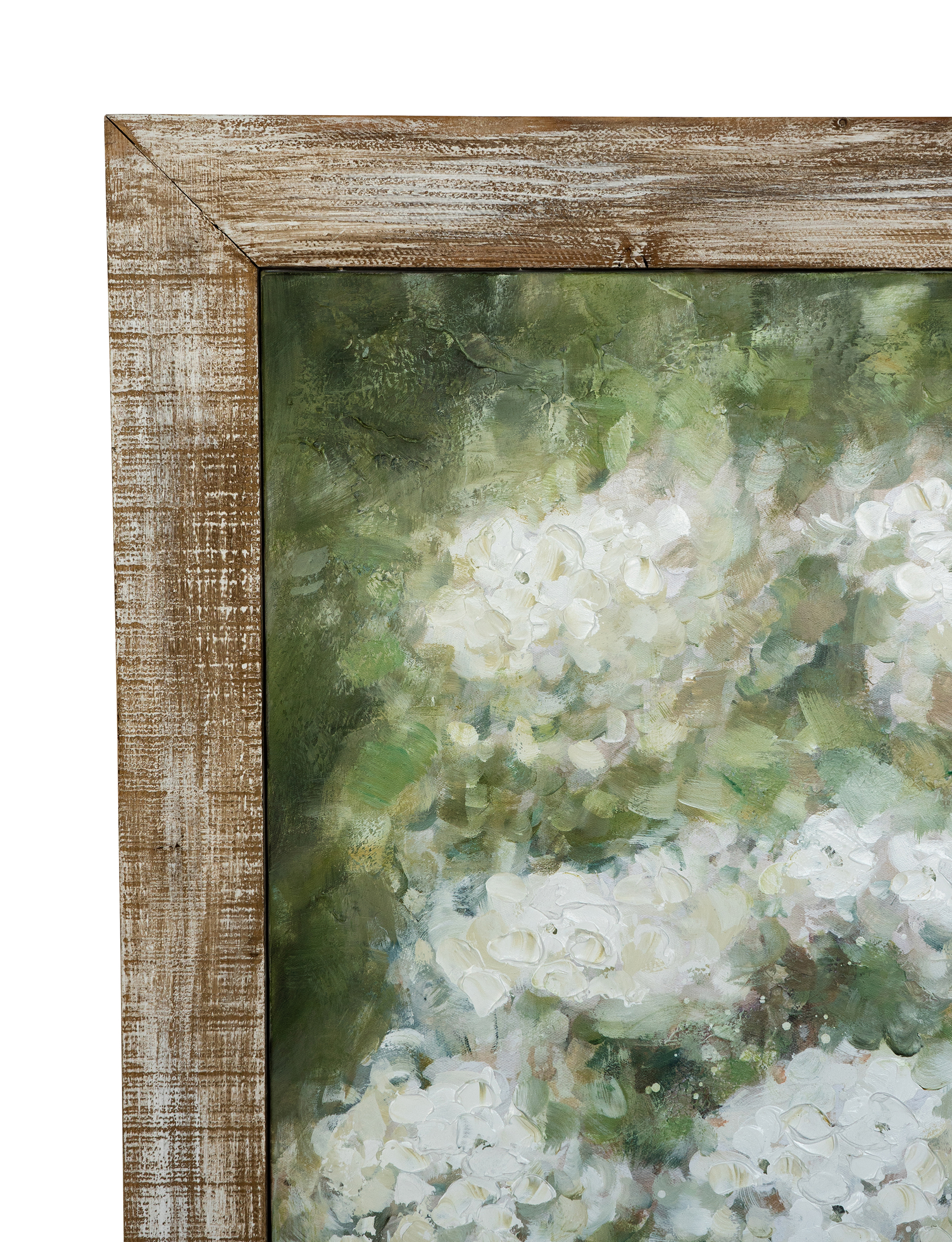 35.4x47.2" Hand-Painted White Allium Art with Green Backdrop and Rustic Fir Wood Frame