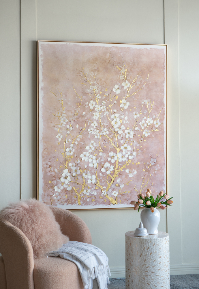 59.1x47.2" Hand-Painted Cherry Blossom Canvas Art with Blush Pink and White Finish