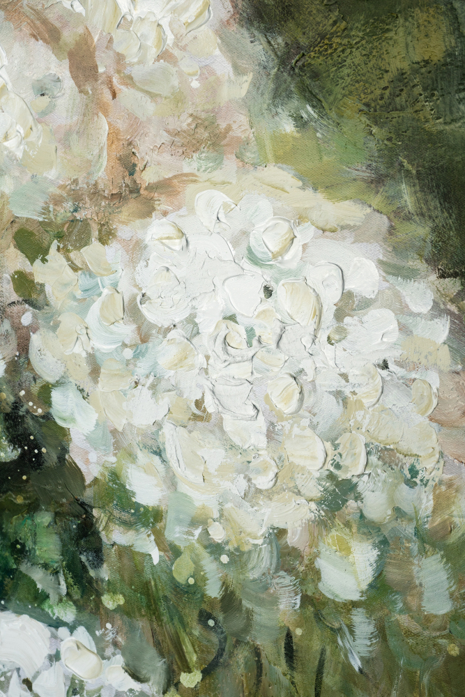 35.4x47.2" Hand-Painted White Allium Art with Green Backdrop and Rustic Fir Wood Frame