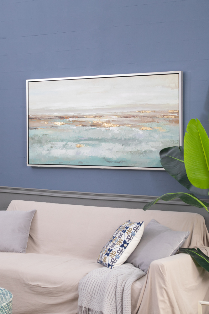 59.1x29.5x1.5" Framed Landscape Rectangle Blue and Gold Abstract Ocean Oil Painting