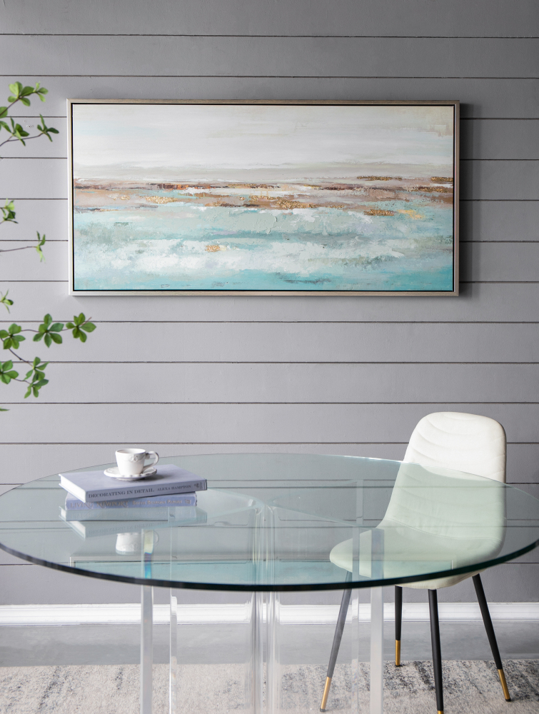 59.1x29.5x1.5" Framed Landscape Rectangle Blue and Gold Abstract Ocean Oil Painting