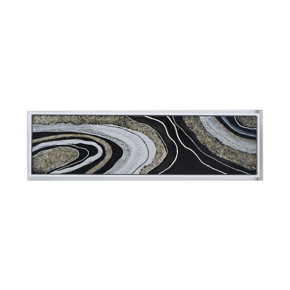 70.9x19.7x1.5" Elongated Landscape Rectangle Framed Oil Painting, Brown and Black with Silver Stones