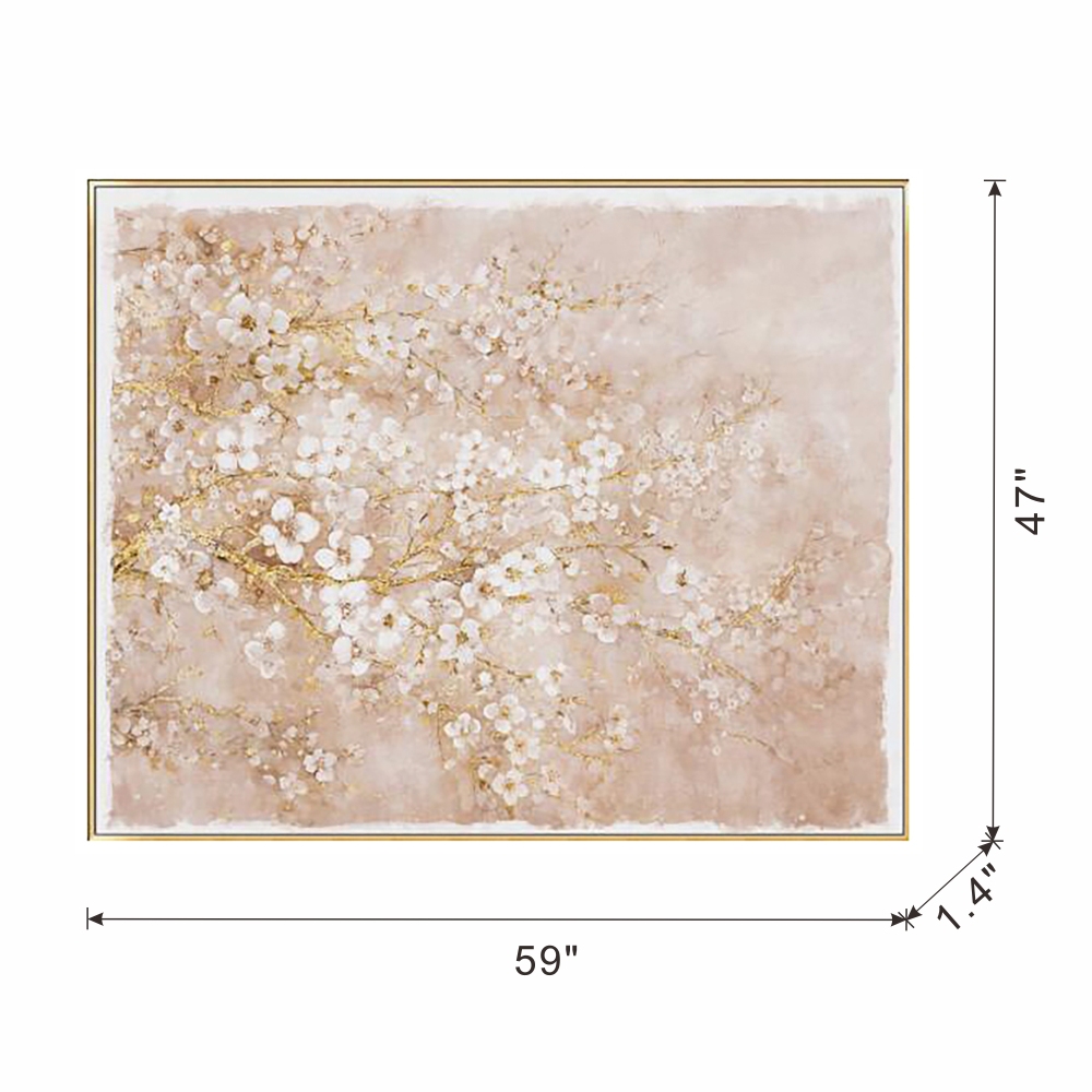 59.1x47.2" Hand-Painted Cherry Blossom Canvas Art with Blush Pink and White Finish