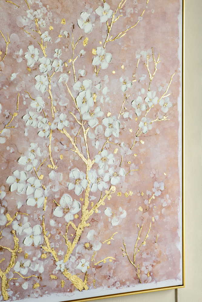 59.1x47.2" Hand-Painted Cherry Blossom Canvas Art with Blush Pink and White Finish