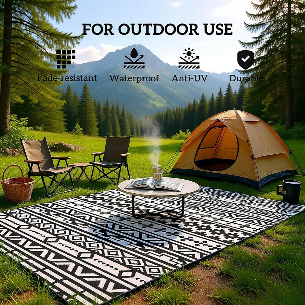 Geometric Style Reversible Outdoor Rug, Waterproof Plastic Straw with Carry Bag