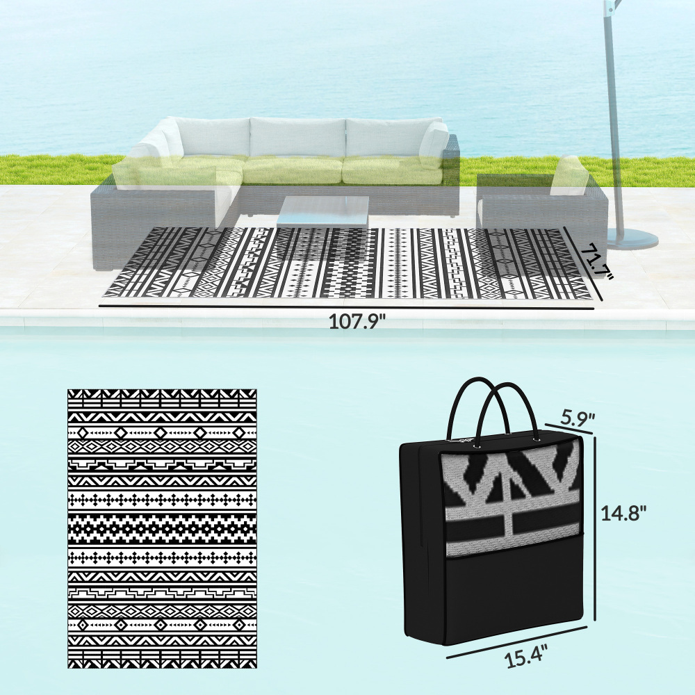 Geometric Style Reversible Outdoor Rug, Waterproof Plastic Straw with Carry Bag
