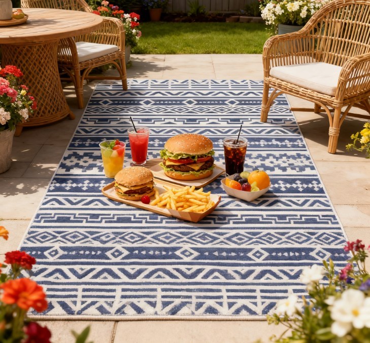 Geometric Style Reversible Outdoor Rug, Waterproof Plastic Straw with Carry Bag