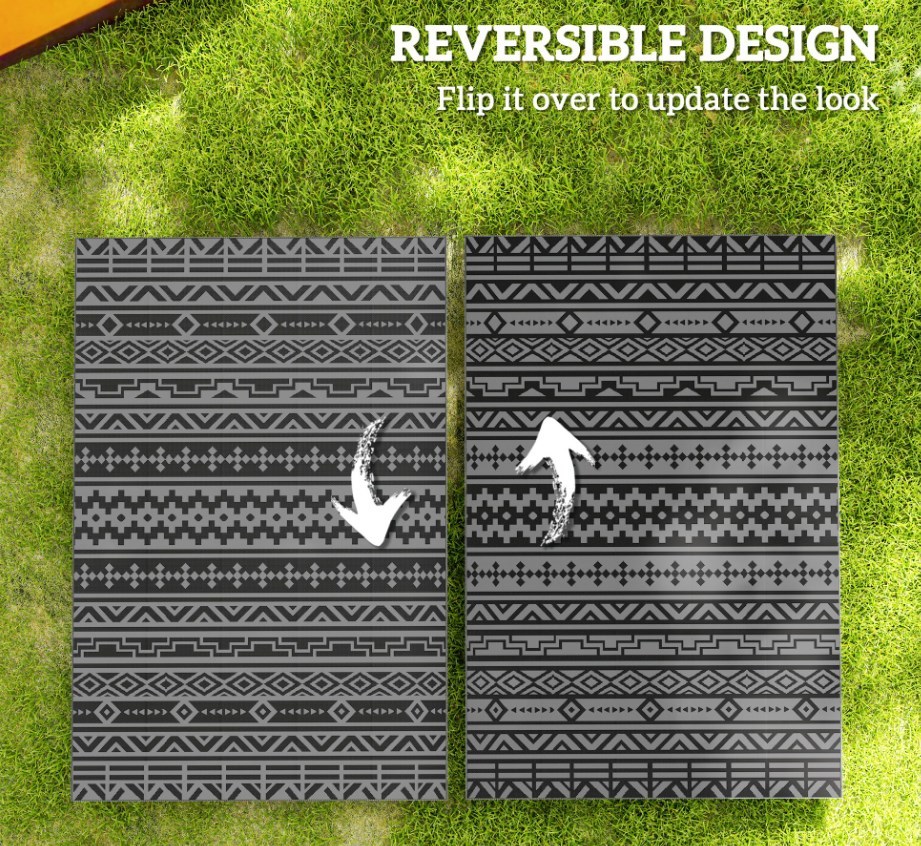 Geometric Style Reversible Outdoor Rug, Waterproof Plastic Straw with Carry Bag