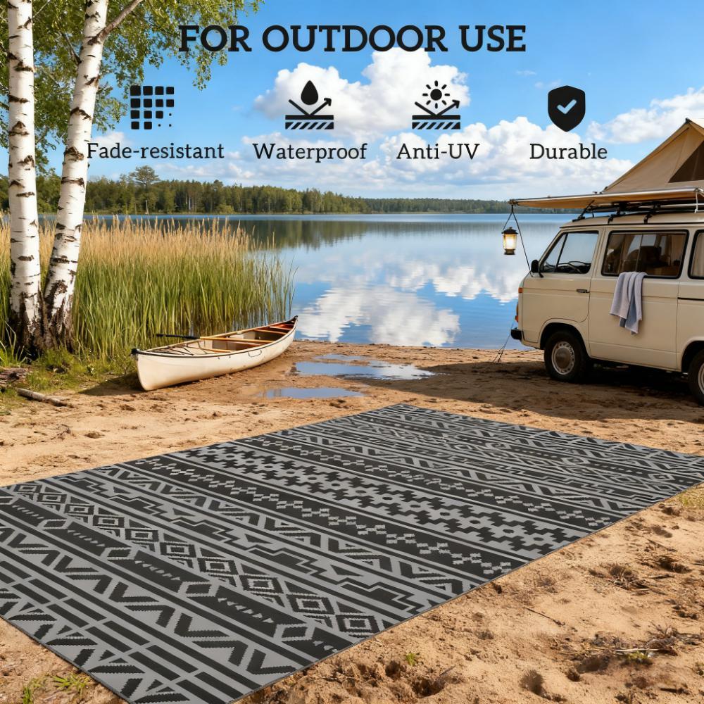 Geometric Style Reversible Outdoor Rug, Waterproof Plastic Straw with Carry Bag