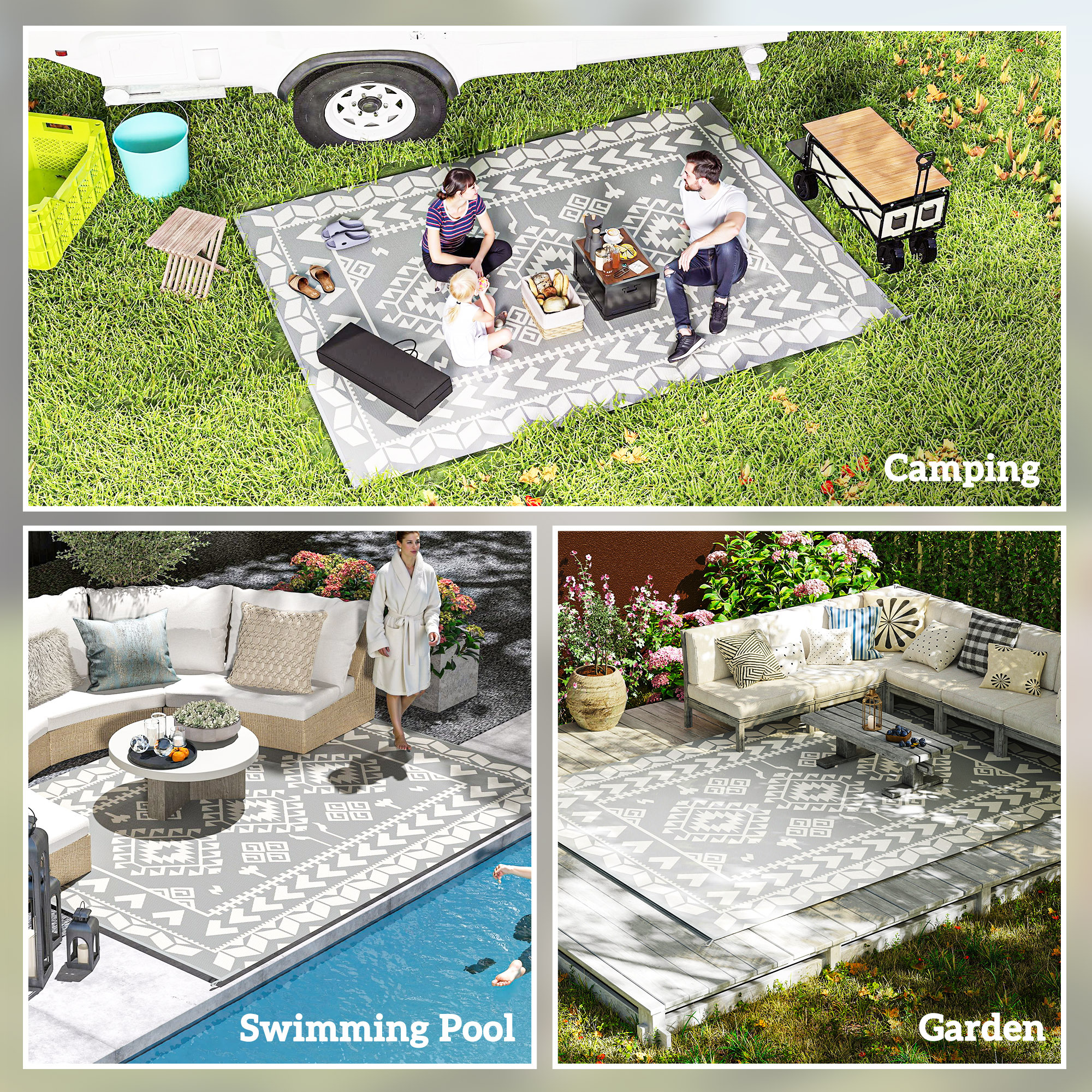 Patio Rug for Decor,Portable Outside Camping Area Carpet Mat,Reversible Rug,for Indoor and Outdoor