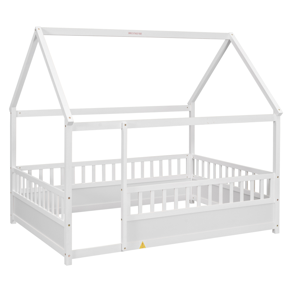 Floor Wooden Bed with House Roof Frame, Fence Guardrails
