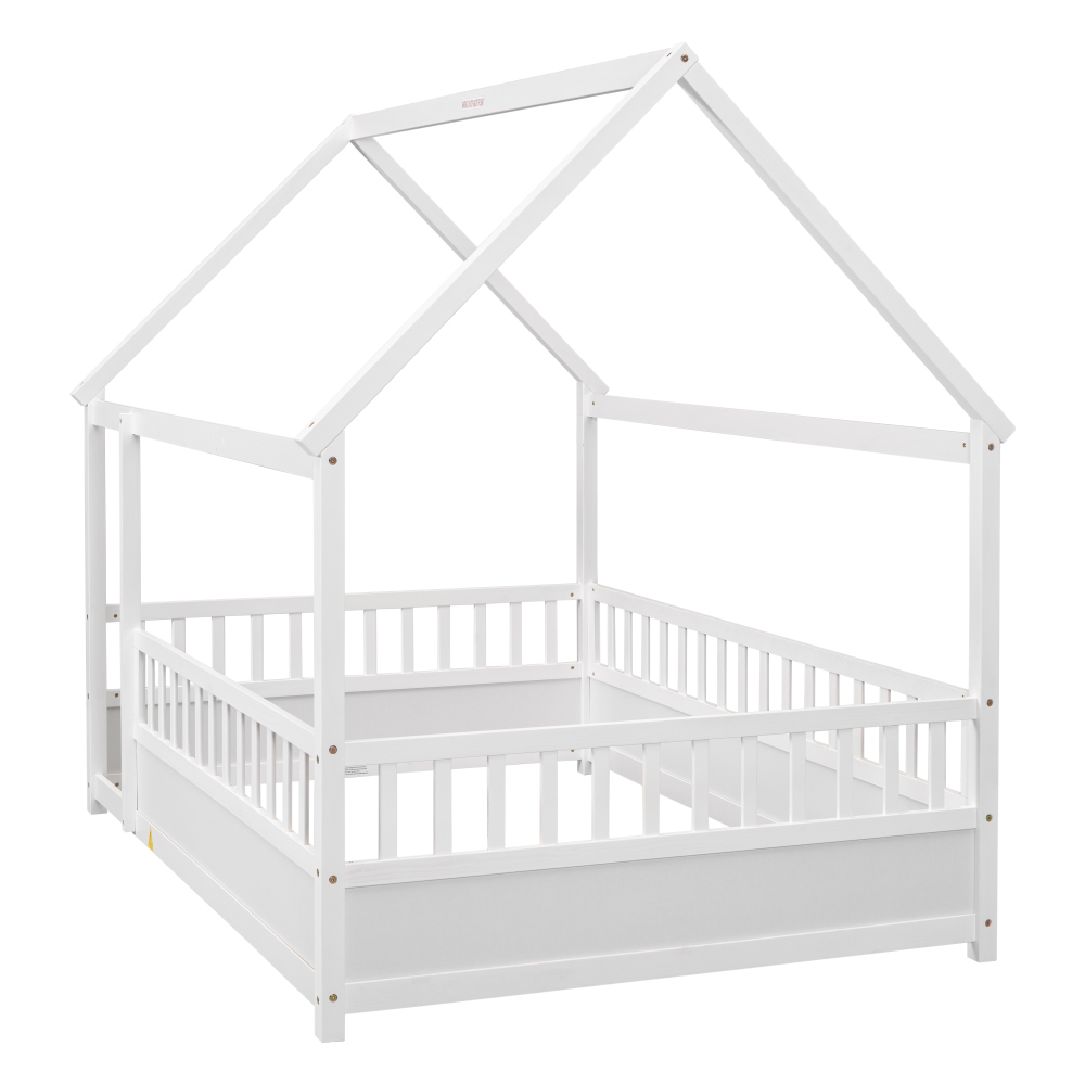 Floor Wooden Bed with House Roof Frame, Fence Guardrails
