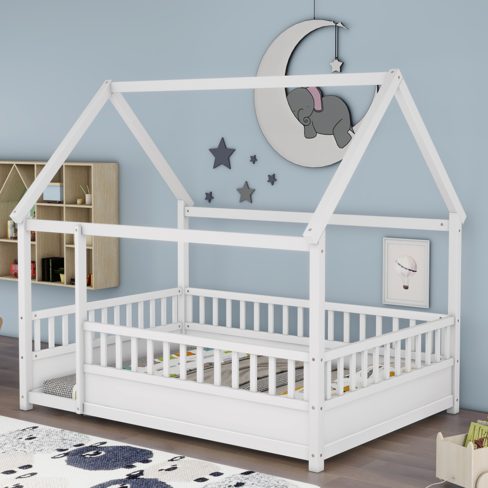 Floor Wooden Bed with House Roof Frame, Fence Guardrails