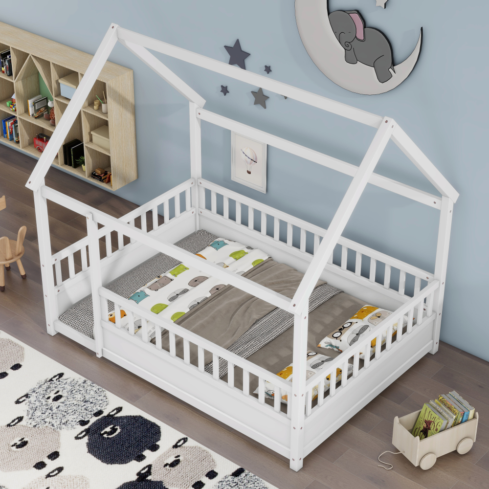 Floor Wooden Bed with House Roof Frame, Fence Guardrails